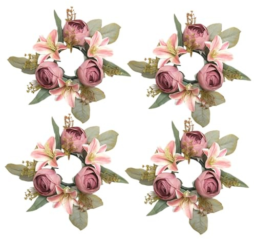 Xiyocadt 4 Stück Kerzenkränze Ringe,Künstliche Pfingstrose Blumenkerzenringe,Dekorativer Tischkranz, Frühlings-Sommer Kranz, Für Esstischdekoration,Haustür Tür Wand Fenster Dekoration (Rosa 1)