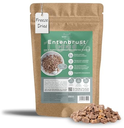BARFAWAY Gefriergetrocknete Entenbrust Minis, 100% Pures Muskelfleisch, Hundeleckerli und Katzenleckerli, Getreidefrei, Zuckerfrei, Ohne Zusätze, 250g