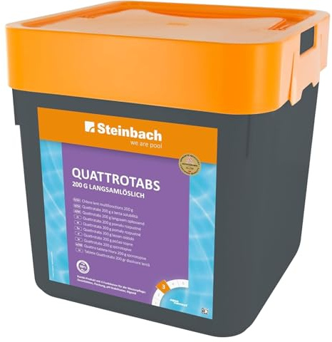 Steinbach Poolpflege Quattrotabs 200 g langsamlöslich - 0752605TD00-5 kg - 4-in-1 Chlortabletten mit Flockungsmittel - pH-Stabilisator & Algenverhütung - Multifunktionstabletten
