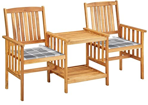 Qnhdfrt Gartenbank mit Tisch, Bistro-Set aus massivem Akazienholz geölt, Gartenmöbel mit grauen Karierten Kissen, Sitzgruppe für Balkon, Terrasse und Garten, 159 x 61 x 92 cm