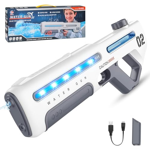 Elektronische Wasserpistole, Wasserpistole mit 190ml Automatischer Absaugung und LED Licht für Langlebige Sommer Aktivitäten, Water Gun Geschenk für Kinder Erwachsene Familie (Weiß)