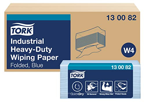 Tork 130082 Industrial Heavy-Duty Wiping Paper / 3 Ply Absorbent Paper Sheets Suitable for Tork W4 Top Pak System / Blue / 38.5cm x 10.8cm / 500 Sheets