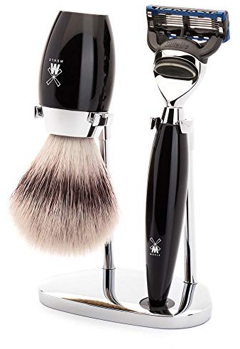 MÜHLE Kosmo 3-tlg. Rasierset mit Systemrasierer, Edelharz-Griff in schwarz | Nassrasur-Set kompatibel mit Gillette Fusion-Klinge, Rasierpinsel Silvertip Fibre vegan, Halterung, für Bart, Gesicht, Körper