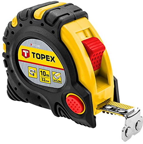 TOPEX Maßband Länge 10m, Magnetspitze, Handschlaufe und Gürtelclip | Drei Aufrollsperren, Nylonbeschichtung des Maßstabs, Aufrolldämpfer, Ergonomische Form