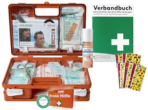 Erste-Hilfe-Koffer KITA PLUS inkl. Sprühpflaster nach aktueller DIN/EN 13157 für Betriebe inkl. DIN/EN 13164 für KFZ - incl. Verbandbuch