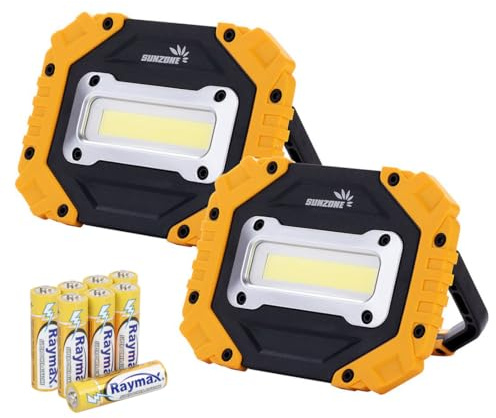 Sunzone Portable LED Work Light,AA Battery Powered Flood Lights,Super Bright Workshop Job Site Lighting for Camping, Hiking, Fishing, Car Repair with Emergency SOS Mode (2 Pack)