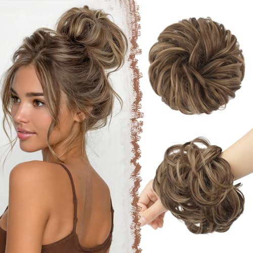 FESHFEN Haarteil Mit Gummiband, Groß Dutt Haarteil Haargummi Mit Haaren Gelockt Haardutt Synthetisch Haarverlängerung Pferdeschwanz Haarteile für Damen Mädchen, Hell Aschbraun Gemischtes Goldbraun 55g