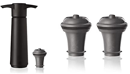 Vacuvin Bomba de vacío, Cristal, Negro, Centimeters + Tapones para Bomba de vacío, Color, Set 2 Unidades, Silicona, Gris Oscuro, 3.1x3.9x3.7 cm
