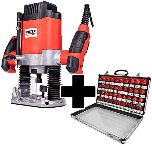 WALTER Oberfräse 1200 W mit Hartmetall-Fräsersatz 50 tlg, 55 mm Hubhöhe, Leerlaufdrehzahl 11.000-30.000 min-1, einstellbare Drehzahl, Staubsaugeranschluss, Fräsersatz 50 tlg, Aluminiumkoffer