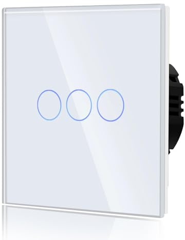 BSEED Touch Light Switch,Standard Touch Sensitive bathroom Switchs,Tempered Glass Panel with LED Backlight, No Neutral Wire Needed,3 Gang 2 Way,White 86mm