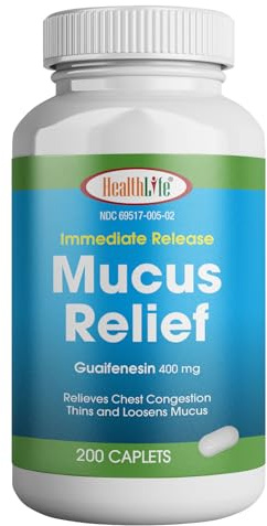 HEALTH LFE Mucus Relief Guaifenesin Caplets 400 mg, Immediate Release Fast Acting Expectorant, Thin and Loosens Mucus, Relieves Chest Congestion, Cough, Cold and Flu (Medium, 200 Count)