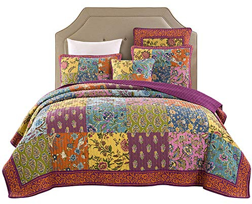 SXSGSM Colcha Acolchada Patchwork Estilo Americano algodón Cama Manta Hecha a Mano Colorido Floral Patchwork cubrecama con 2 Fundas de Almohada The New