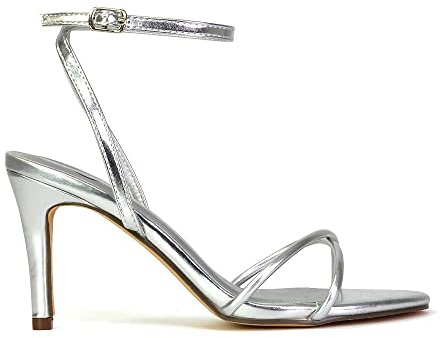 ESSEX GLAM Womens Strappy Ankle Strap Sandals Ladies Open Toe Silver Stiletto Mid High Heel Shoes Size 5