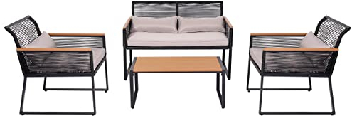 Mendler Garten-Garnitur HWC-K42, Gartenlounge Lounge-Set Sitzgruppe Sofa, Seilgeflecht Rope Holzoptik Stahl, Polster hellgrau