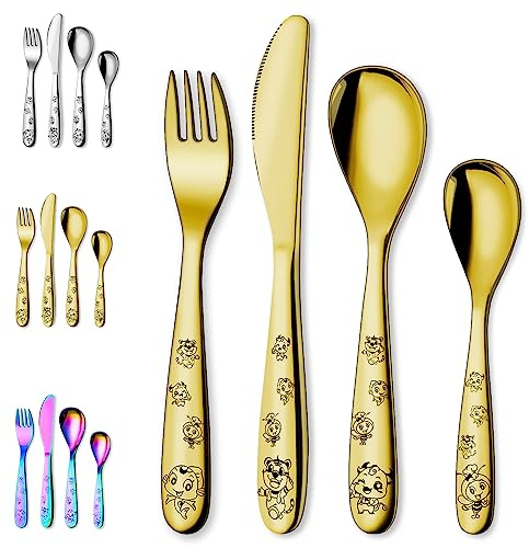 Evanda 4 Pieces Utensils Gold Titanium Coated, Stainless Steel Utensils Forks and Spoons, Mirror Polished Smooth Round Tableware, Dishwasher Safe