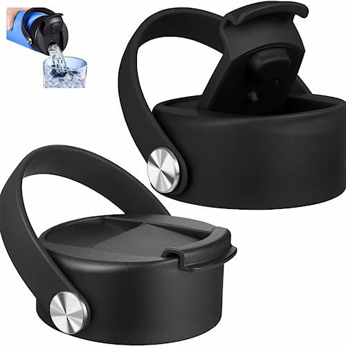 FLORAPELL Lid Compatible with Hydro Flask 12 16 18 20 32 40 OZ Wide Mouth, Flip Lid Replacement Lids with Flex Strap Handle, Leak-proof Flask Cap for Hydro Flask Coffee Mug, Black - 2 Pack