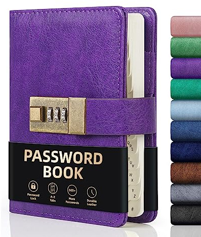 WEMATE Livre de mots de passe verrouillable, livre de mots de passe alphabétique, plus de 600 espaces pour les mots de passe, organisateur de codes,violet