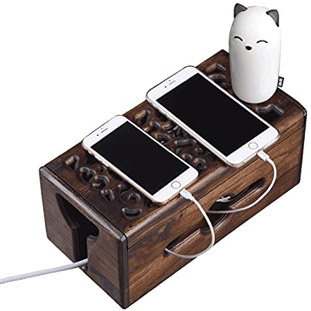 BinOxy Kabelboxen Exquisite Holzkabel Tidy Box Hand-gravierte Kabel-Netzstecker Aufbewahrungsbox mit Flip-Cover-Haushalt Großraum-Kupplungshalter Steckdosenbox