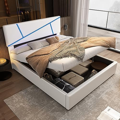 Doppelbett 160x200 cm, Polsterbett mit LED-Kopfteil, Bett mit Lattenrost aus Metallrahmen, Hydraulisch Stauraumbett Rückenlehne Polsterbett Jugendbett Funktionsbett, Kunstleder (160x200cm, Weiß)