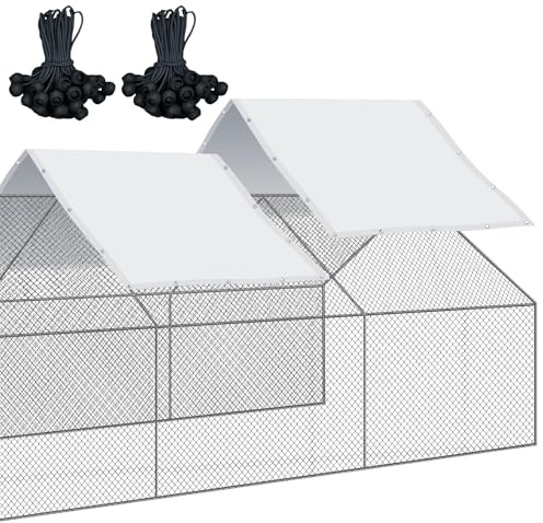 2 Pcs Outdoor Metal Chicken Coop Cover with 50 Pcs Ball Bungees Cords Waterproof and Sun Resistance Fence Chicken Cages Cover for Outdoor Large Walk in Chicken Run Pen, 11.5 x 6.6 ft (White)