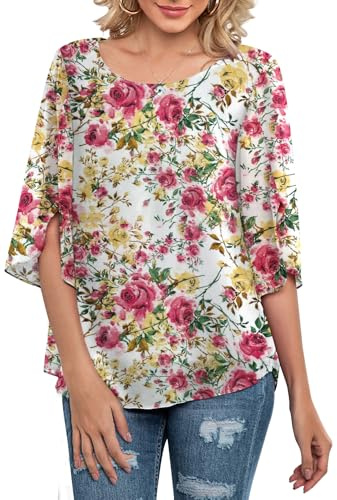 Neineiwu Womens Summer Blouses for Women Dressy Casual Chiffon Blouse Shirt Tops (Red Rose/White XL)