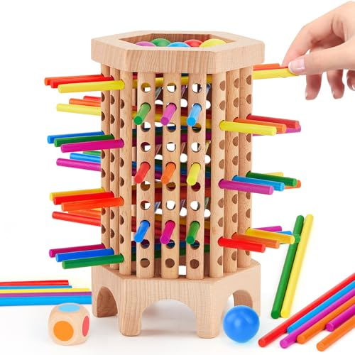 Monwoo Montessori Game Wooden Board Games, Colorful Sticks Game with Dice & Balls, Fine Motor Skills Toys for 3 4 5 6 Year Old, Family Travel Games for 3 4 Year Olds Educational Gifts for Kids