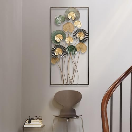 Dekoleidenschaft 3D Wandbild Blätter aus Metall in gold/anthrazit/gün, 60x125 cm, Wanddeko, Wandschmuck