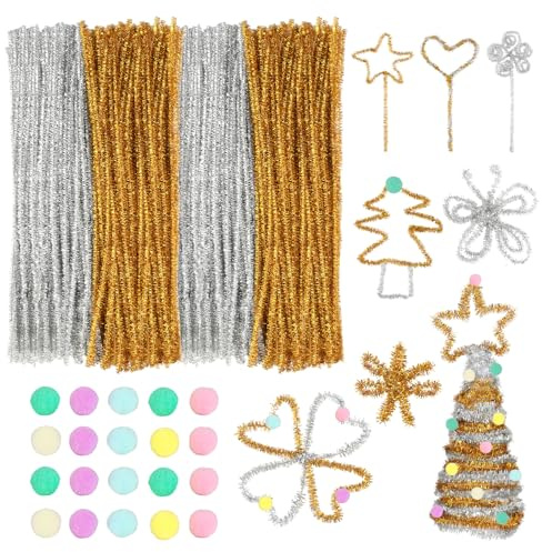 300 Stück Pfeifenreiniger, Pfeifenputzer zum Basteln mit 20 Plüschbällen, 30cm Weihnachten Pfeiffenputzer Gold Silber Glitzer Chenilledraht Pipe Cleaner für Kinder zum Basteln Craft Projekt Deko