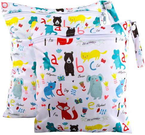 Darryy Nasstasche Kindergarten, Wetbag Kindergarten 2er Set, Wäschebeutel Kita Wasserdicht, Nassbeutel Waschbar, Windeltasche Nasstasche, Wetbag Stoffwindeln, Nasstaschen Wiederverwendbar, Zoo