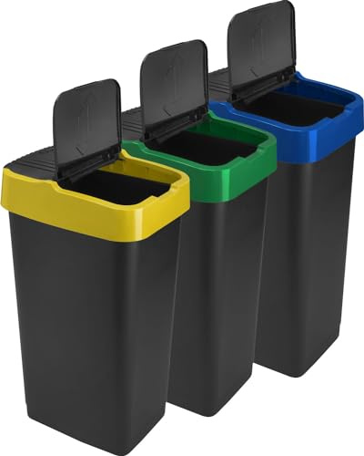 Catergold Recycle Bins Set Of 3 with Open Swing Bin Door 60L Bin for Kitchen Home Office Rubbish Blue Yellow Green