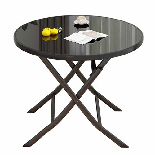 ZYBOWAYL Rund Klapptisch Ø60/70/80/90/100cm Klappbar Küchentisch mit Glasplatte Wetterfest Gartentisch Outdoor Beistelltisch Schwarz Couchtisch Platzsparend für Balkon Wohnzimmer(Size:70cm/28)