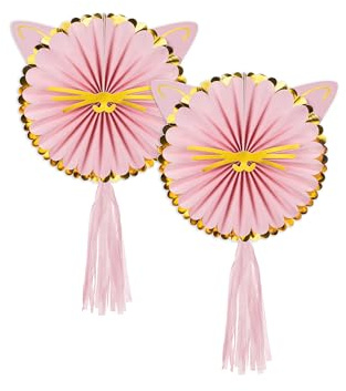Papier Rosetten Deko 26cm 2er Set Katzen mit Ohren - Papierrosetten zum Aufhängen Kleben Dekorieren - Papierfächer Geburtstagsdeko Kindergeburtstag - Papierdeko & Partydeko - Rosa Gold