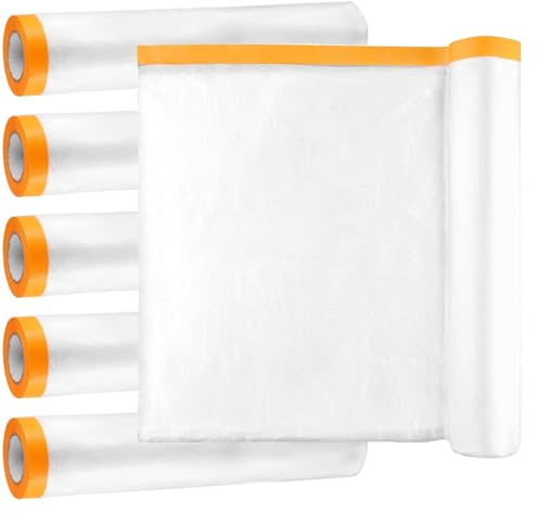 MOUYAT 6 Roll Self Adhesive Dust Sheets, 2.4M x 20M Masking Film Rolls | MOUYAT, Pre-Taped Plastic Covering, for Decorating Floor Furniture Protection