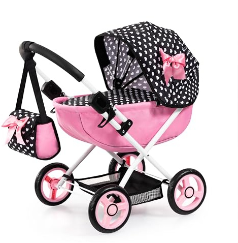 Bayer Design 12760AA Landau pour poupée et Poupon Cosy, Poussette de Poupées, Pliable, Sac à bandoulière, Panier de Rangement, avec la Couverture câline et l'oreiller, Noir, Blanc
