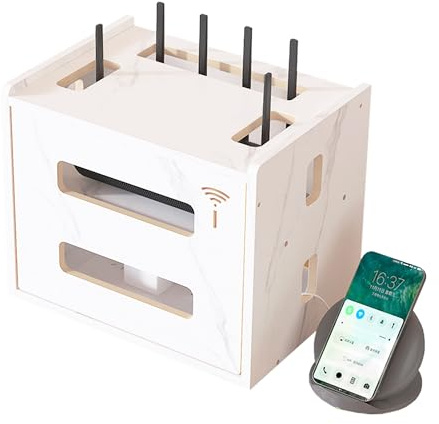 Catekro Router Regal Stehend aus Holz, Wandregal für Router & Dekoder, WiFi Router Aufbewahrungsbox, Praktisches Router Cabinet für Raumdekoration – Elegant & Funktional (Weiß)