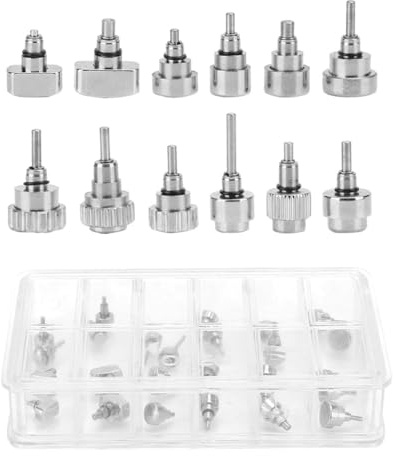 Junterone Bouton Poussoir de Montre en Acier Inoxydable, Accessoire D'Outil de Réparation de Montre à 12 Grilles/Boîtes, Kit de Remplacement Outil de Réparation de Montre