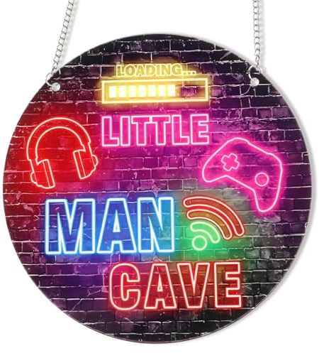 Qianyu Neon-Schild Little Man Cave Holzschild mit Gaming-Motiv Videospiel zum Aufhängen Wandkunst Dekoration für Schlafzimmer Spielzimmer Wohnzimmer Jungenzimmer Dekoration Weihnachten Geburtstags