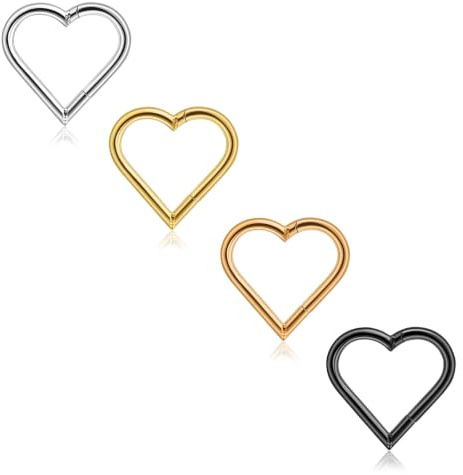 Lantine 4 Stück Herz Daith Piercing 16G 8mm Scharnier Nahtlose Clicker Ring 316L Chirurgenstahl Tragus Rook Knorpel Ohrringe Damen Gold/Roségold/Titan/Schwarz