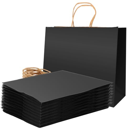 GBACHOOSE 50 Stück Geschenktüten Papier 32x25x11cm, Papiertüten mit Henkel, Papiertüten Schwarz für Ostern,Weihnachten, Hochzeit, Erntedankfest, Party, Geburtstag
