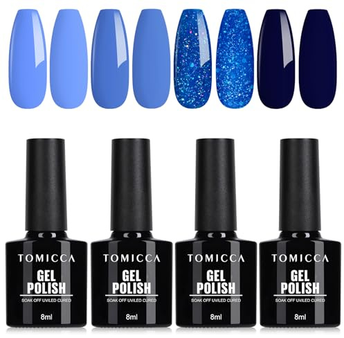 TOMICCA UV Nagellack Bleu Set, 4 Farben Herbstfarben Blue Glitzer Collection Gel Nagellack, Soak-Off UV/LED Geschenk für Nagelstudio DIY Home, 8ML