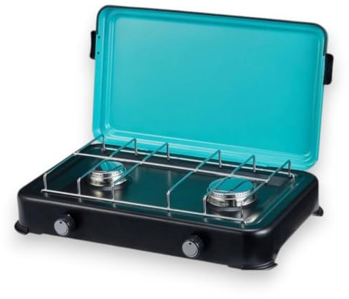 Briconess.com Fornello a gas portatile con 2 fuochi in acciaio per campeggio 2350w