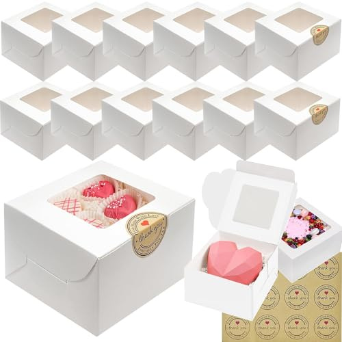 Mooshy Single Cupcake Boxes - 12 Cupcake Boxes Individual with window with Stickers White Mini Cake Boxes for Muffin Macaron Donuts Baking Gifts for Wedding Birthday Party for home Church Bakery Shop