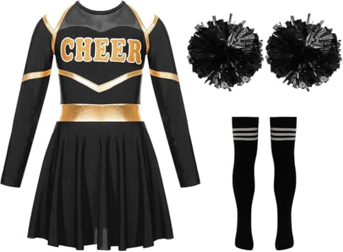Conponous Cheerleader Kostüm Kinder, Karneval Kostüm Kinder, Faschingskostüme Mädchen Cheerleader Langarm Kleid mit Pompoms Socken und Kopfschmuck für Mädchen 5-12 Jahre (L)