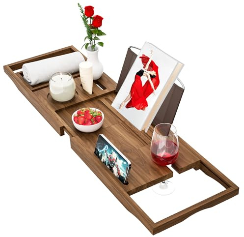 Premium Teak-Badewannentablett Caddy, erweiterbares Holz-Badewannentablett für Badewanne, Luxus-Badewanne & Badezimmerzubehör, tolles Geschenk für Hauseinweihung, Jahrestag, Hochzeit und Geburtstag