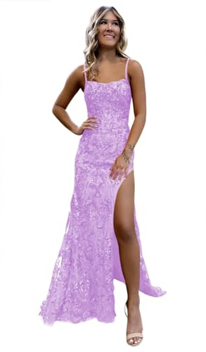 kopptioo Lilac Spaghetti Strap Prom Dresses Sparkly Sequin Satin Long Mermaid Formal Gown for Women with Slit UK 6