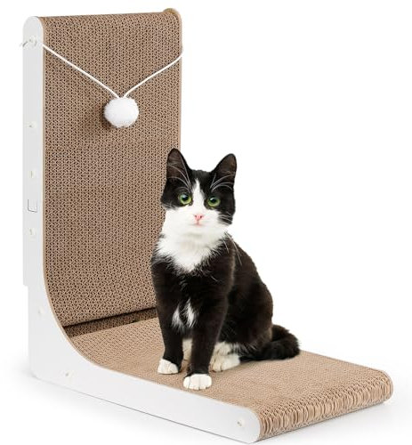 Gimars Rascador para Gatos Grandes en Forma de L de 47 cm, Tablero Rascador con Peluche y Bolas de Catnip, Rascador de Cart贸n para Montar en la Pared, Juguetes para Gatos para Proteger Muebles,Blanco