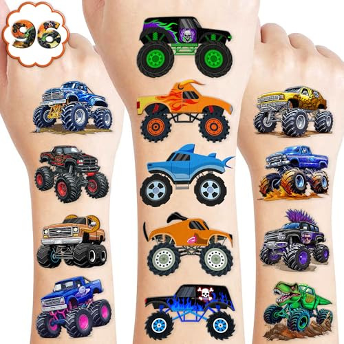 120 PCS Monster Truck Race Car Pre-Cut Temporary Tattoos for Kids | Super Cute Themed Birthday Party Favors, Supplies, Decorations, Fake Tattoo Stickers, Rewards & Gifts for Boys Girls
