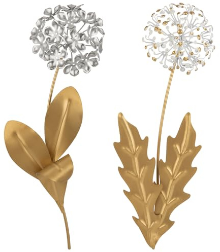 Oairse Juego de 2 hortensias de metal pared arte 33 cm flor dorada decoración de pared para el hogar, decoración moderna de pared floral 3D para sala de estar, dormitorio, decoración de pasillo