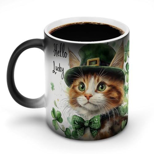 KWQDOZF Cute Cat Wearing Hat Shamrock Leaves Color Changing Mugs Hello Lucky Watercolor Heat Changing Ceramic Coffee Mug Novelty Tea Cup Funny Water Cup for Home Office 11OZ