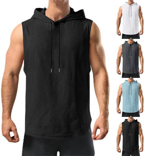 UHouse Tank Top Herren mit Kapuze Ärmelloser Hoodie Gym Sport Muskelshirt Leicht Sommer Kapuzenshirt Stretch Tanktop Fitness Trägershirt Männer Sportshirt Sommershirt Schwarz M